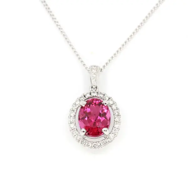 Oval Pink Tourmaline Pendant with Halo of Diamonds set in 18ct White Gold