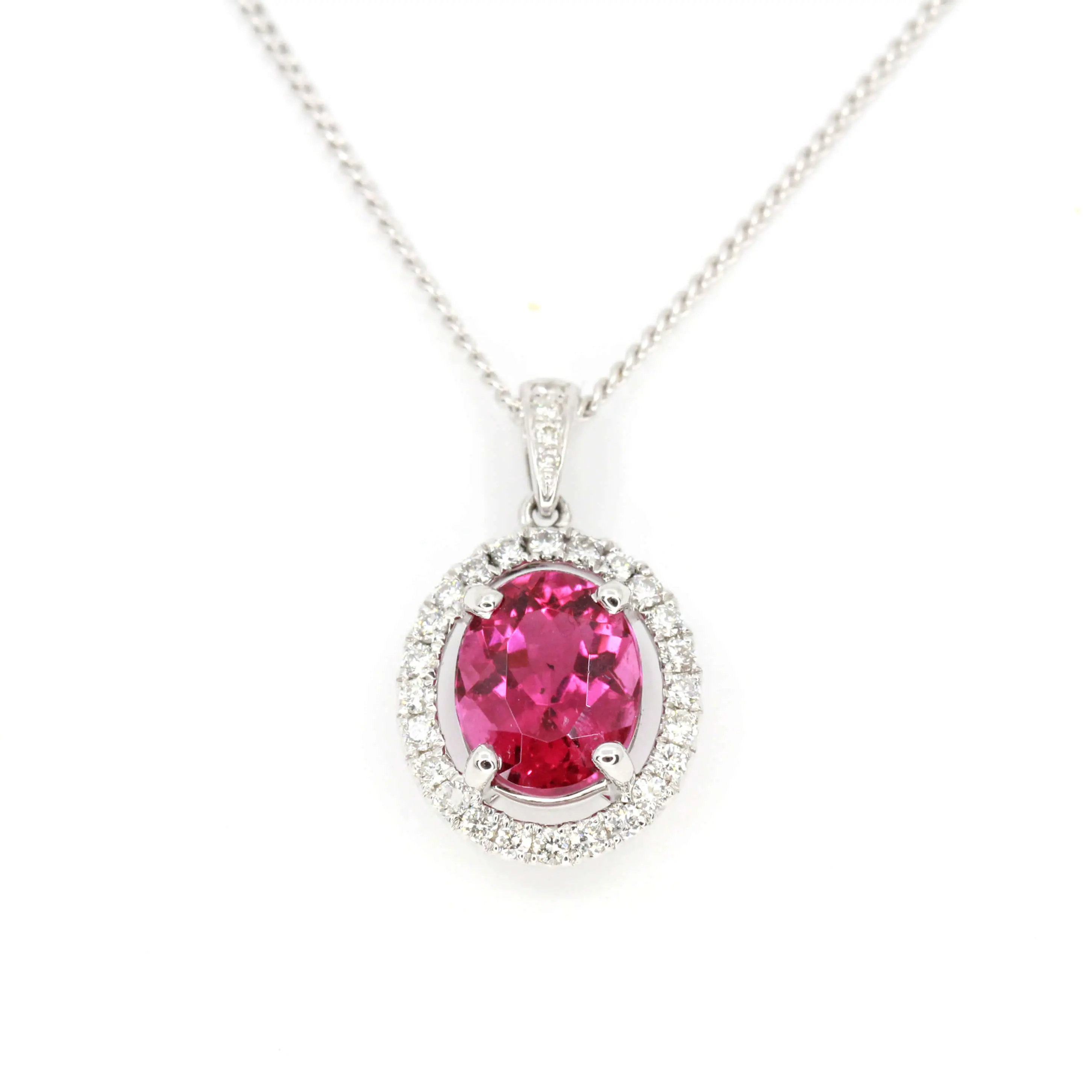Oval Pink Tourmaline Pendant with Halo of Diamonds set in 18ct White Gold