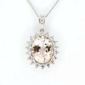 Oval Morganite Pendant with Halo of Diamonds set in 18ct White Gold