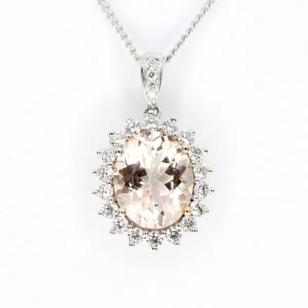Oval Morganite Pendant with Halo of Diamonds set in 18ct White Gold