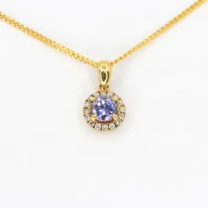 Round Cut Tanzanite Pendant with Diamonds set in 18ct Yellow Gold