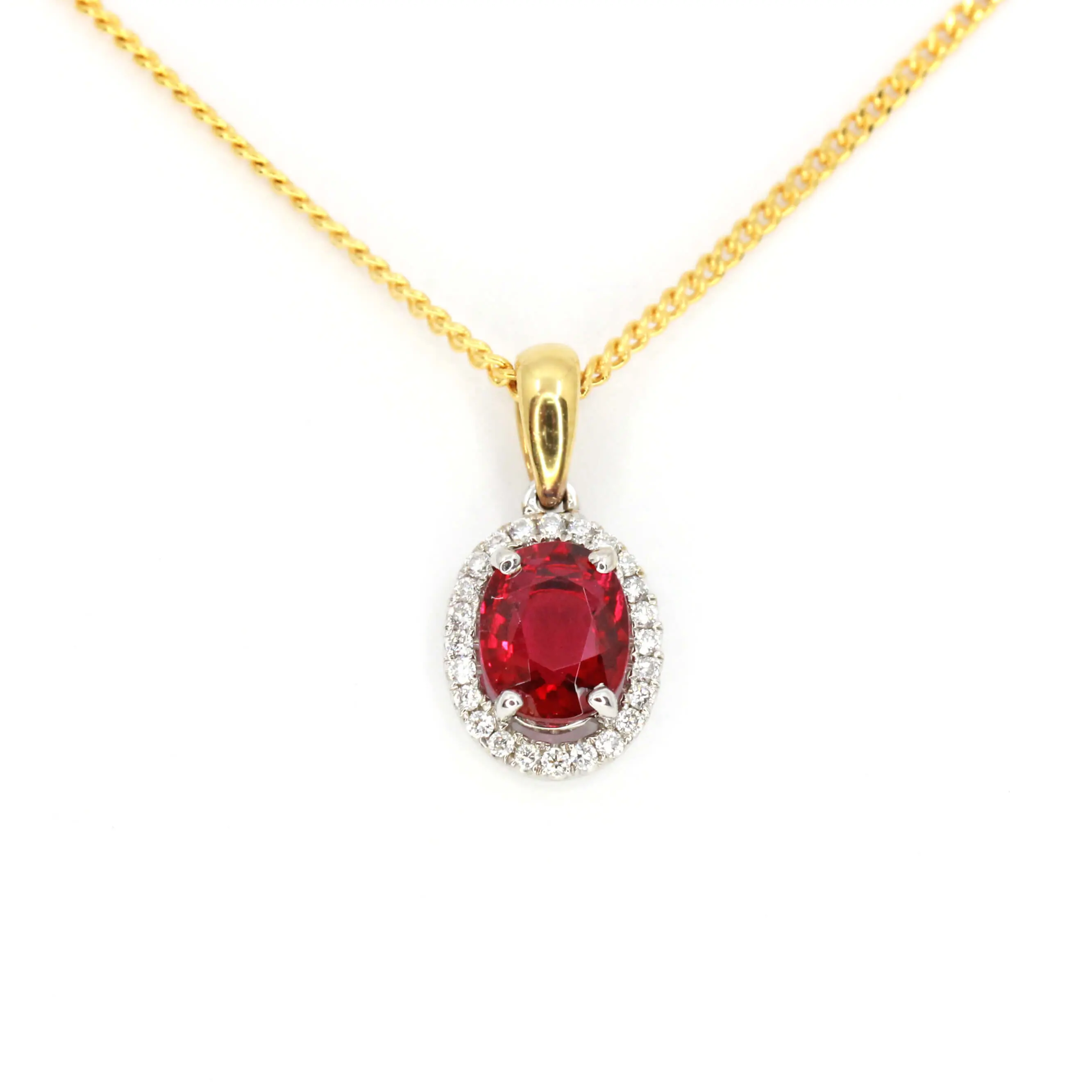Oval Red Tourmaline Pendant with Halo of Diamonds set in 18ct White Gold & Yellow Gold