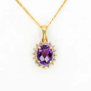 Oval Amethyst Pendant with Halo of Diamonds set in 18ct Yellow Gold