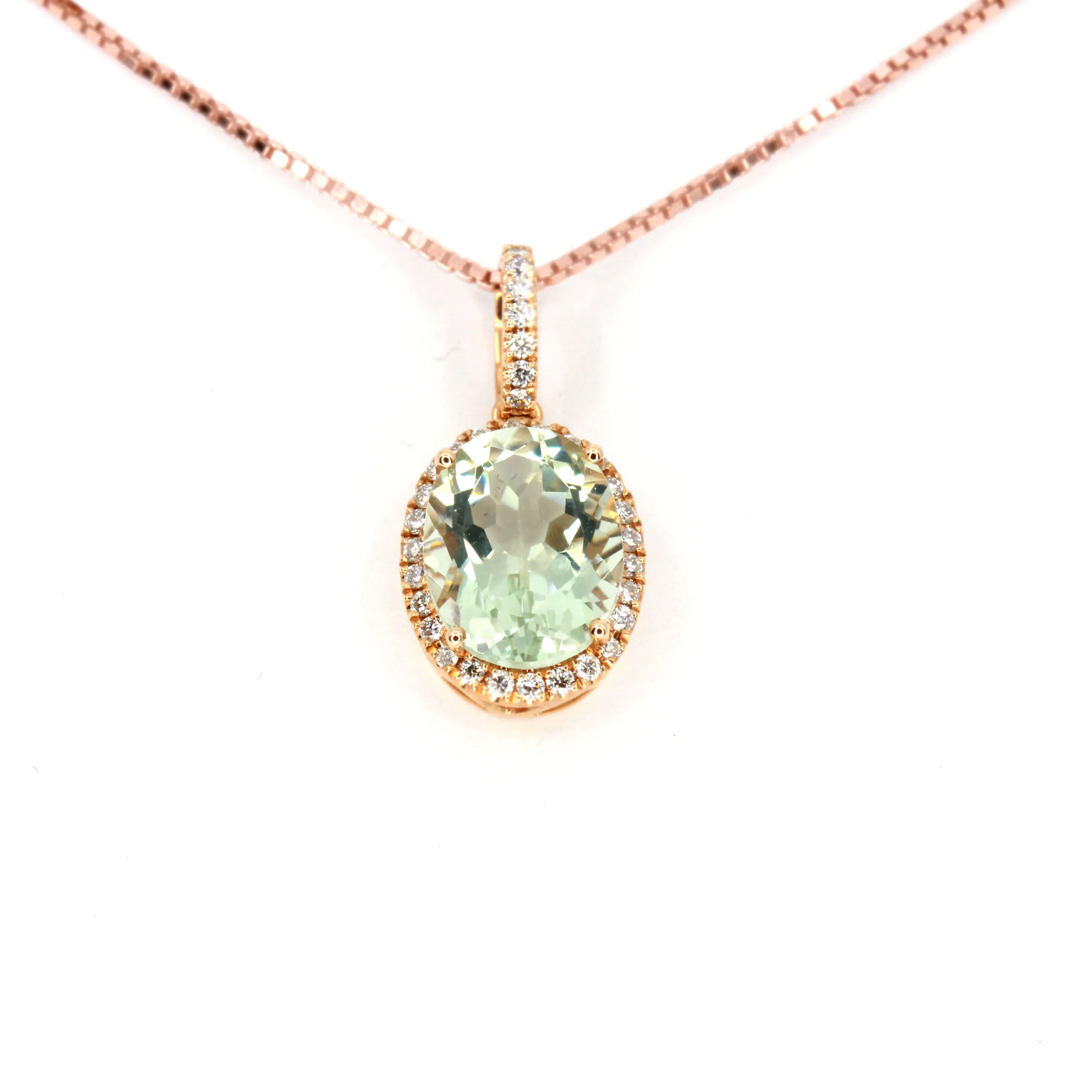 Oval Green Quartz Pendant with Halo of Diamonds set in 18ct Rose Gold