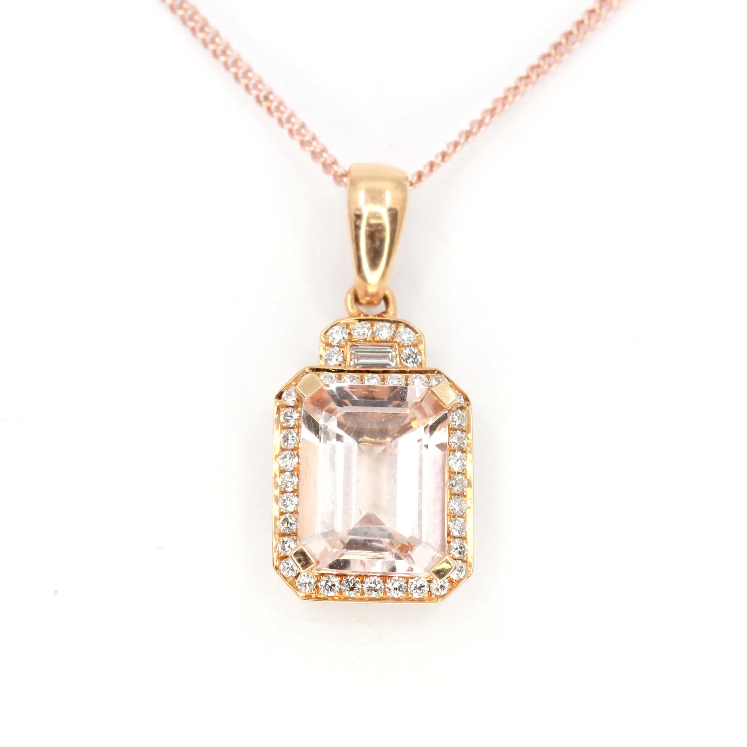 Emerald Cut Morganite Pendant with Halo of Diamonds set in 18ct Rose Gold