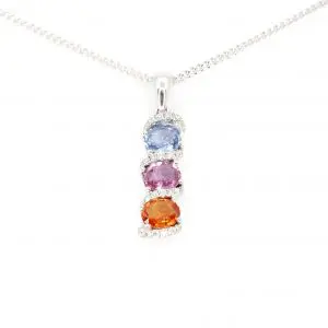 Oval Blue, Pink, Orange Sapphire Pendant with Diamonds set in 18ct White Gold
