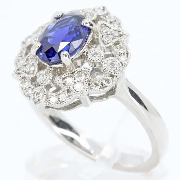 Ceylon Sapphire Ring with Vintage Design Set in 18ct White Gold