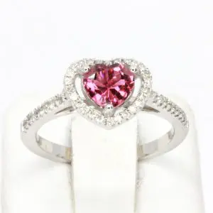 Heart Shape Pink Tourmaline Ring with Accent of Diamonds Set in 18ct White Gold