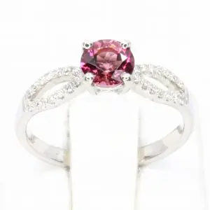 Round Cut Solitaire Pink Tourmaline Ring with Accents of Diamonds Set in 18ct White Gold