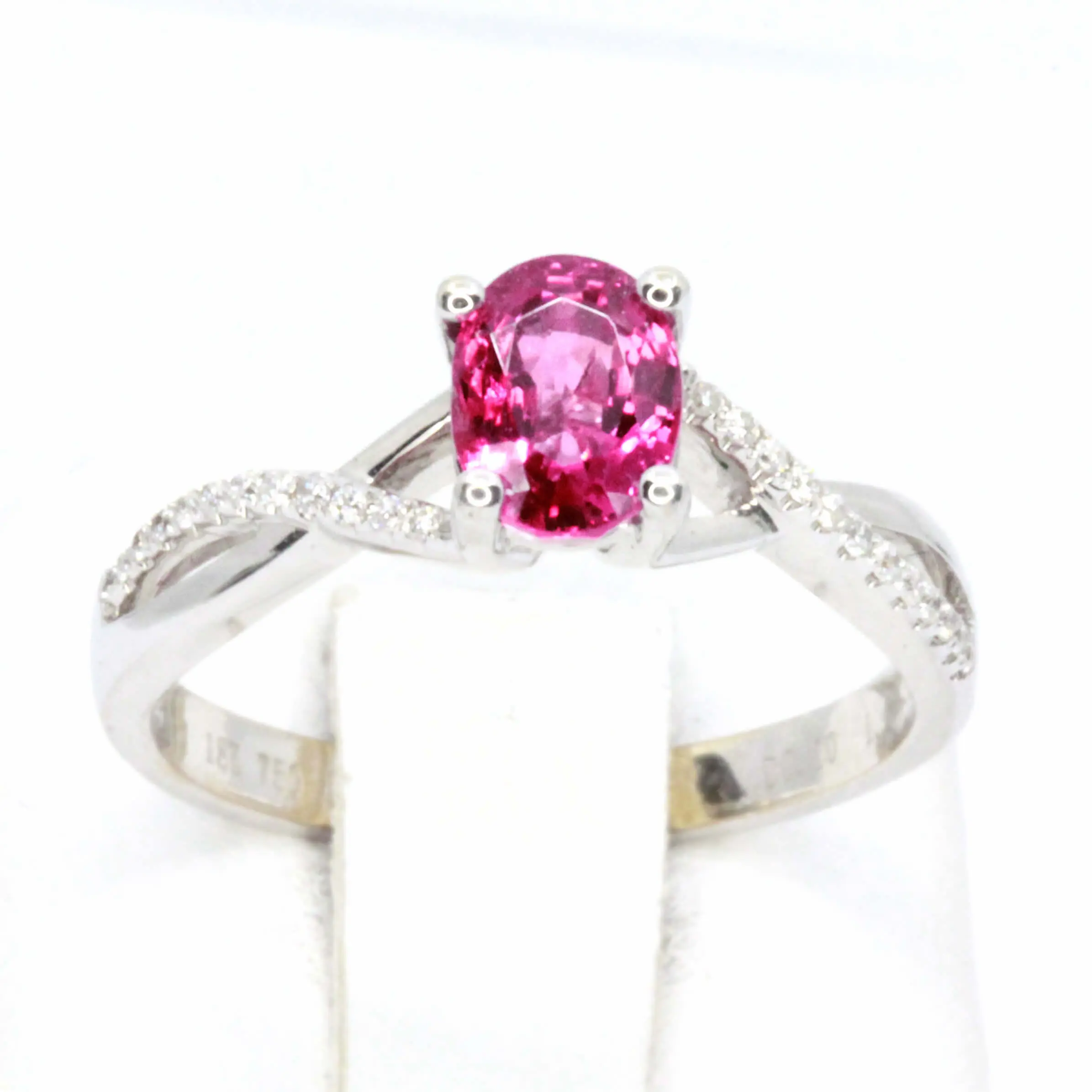 Oval Shape Pink Tourmaline Ring with Accents of Diamonds Set in 18ct White Gold