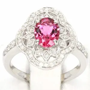 Oval Shape Pink Tourmaline Ring with Accents of Diamonds Set in 18ct White Gold