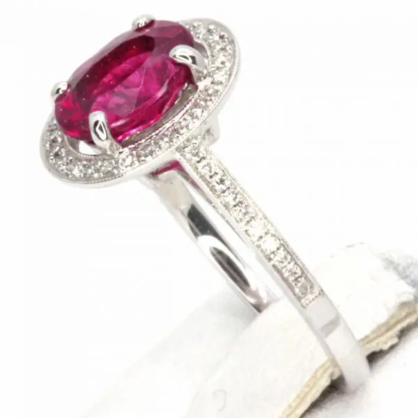 Oval Shape Pink Tourmaline Ring with Accents of Diamonds Set in 18ct White Gold