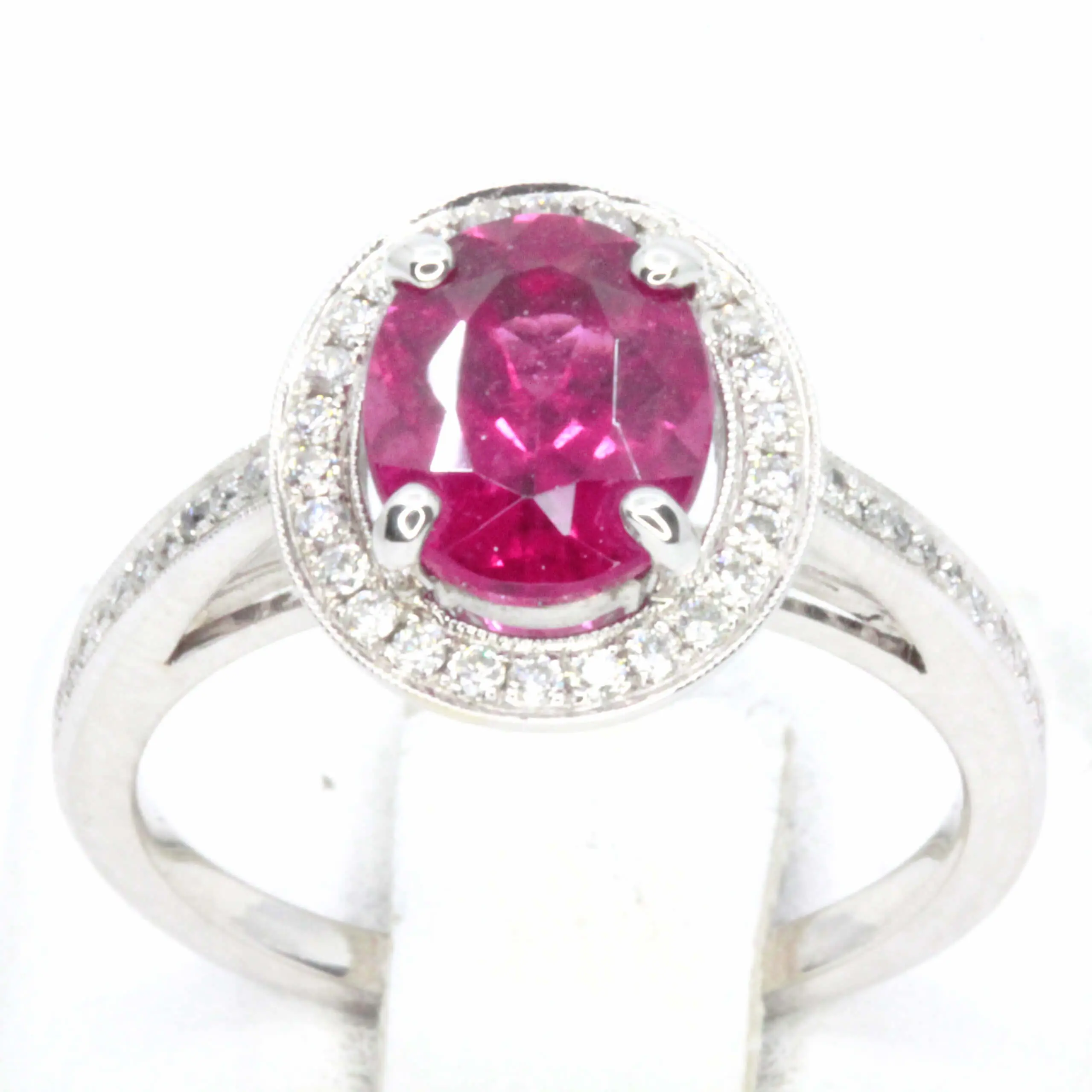 Oval Shape Pink Tourmaline Ring with Accents of Diamonds Set in 18ct White Gold
