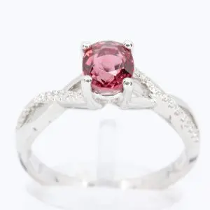 Oval Shape Pink Tourmaline Ring with Accents of Diamonds Set in 18ct White Gold