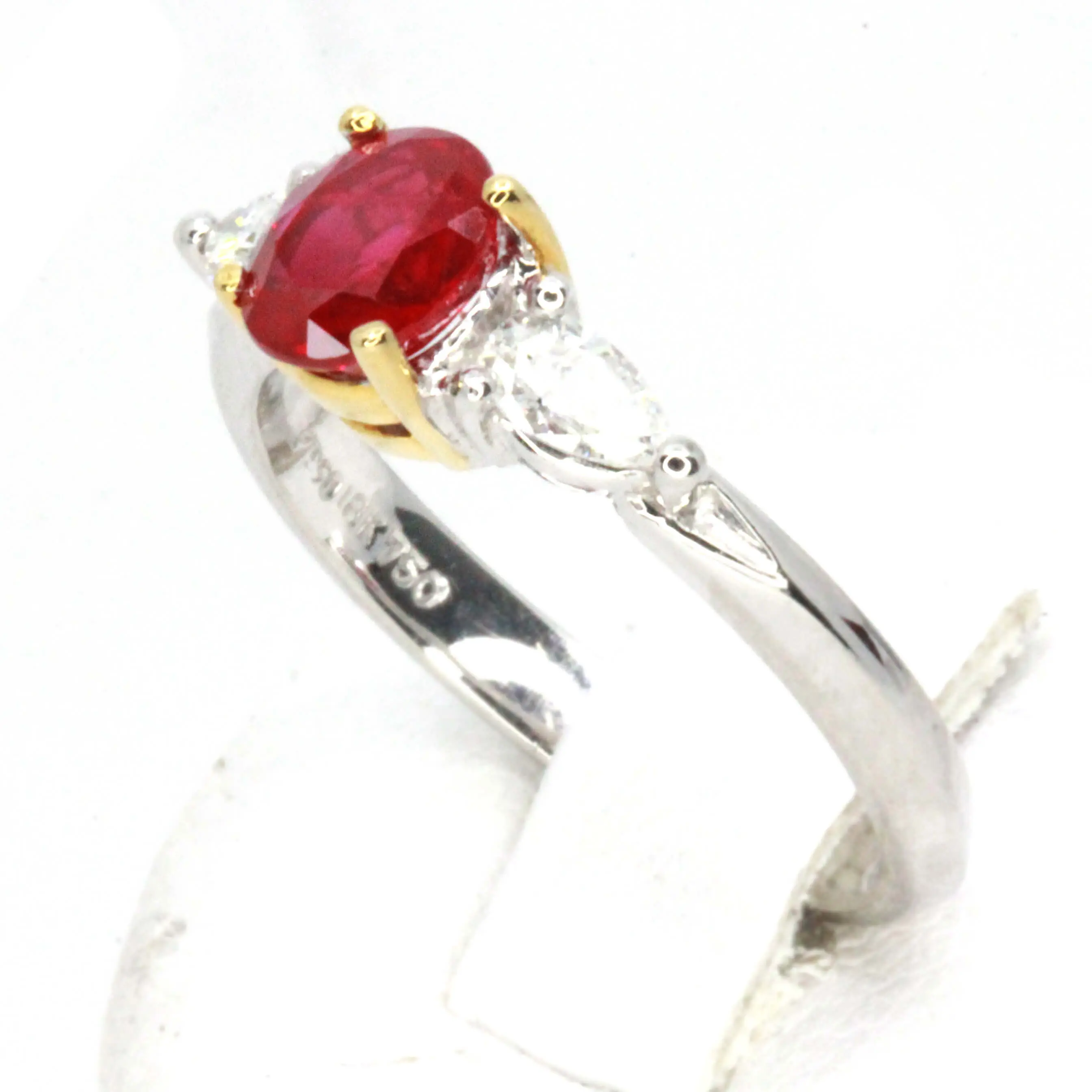 Oval Ruby Ring with Pear Shape Diamonds Set in Platinum & 18ct Yellow Gold