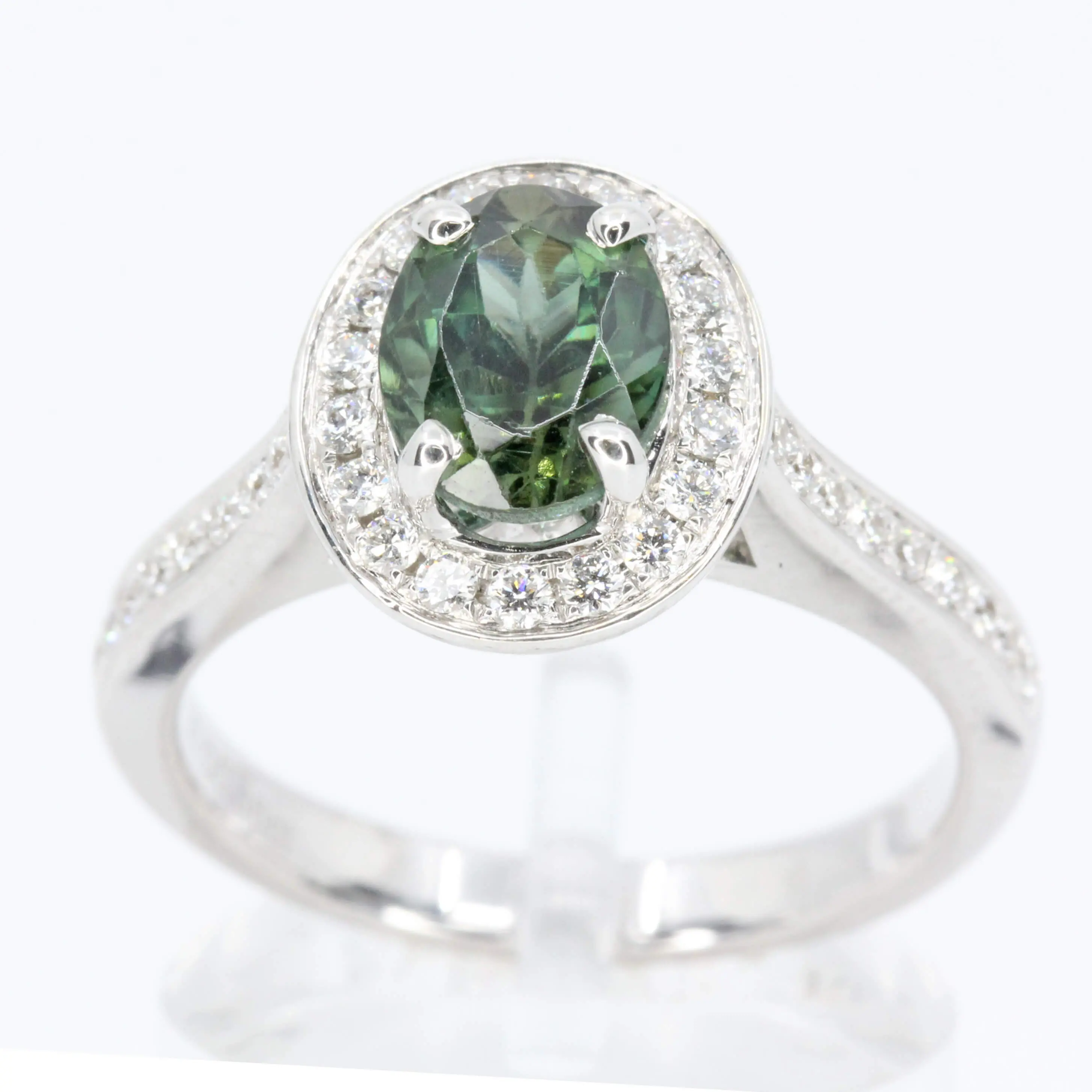 Oval Shape Green Tourmaline Ring with Accents of Diamonds Set in 18ct White Gold
