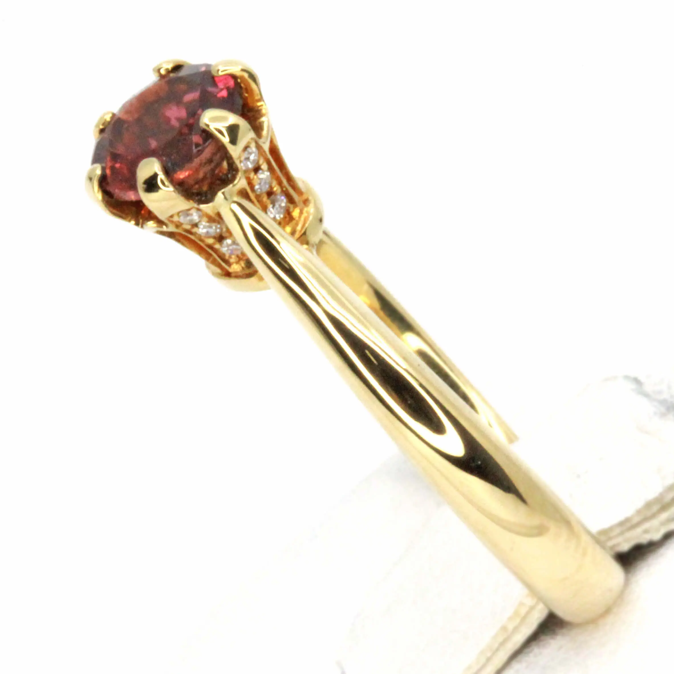 Round Cut Pink Tourmaline Ring with Accents of Diamonds Set in 18ct Yellow Gold