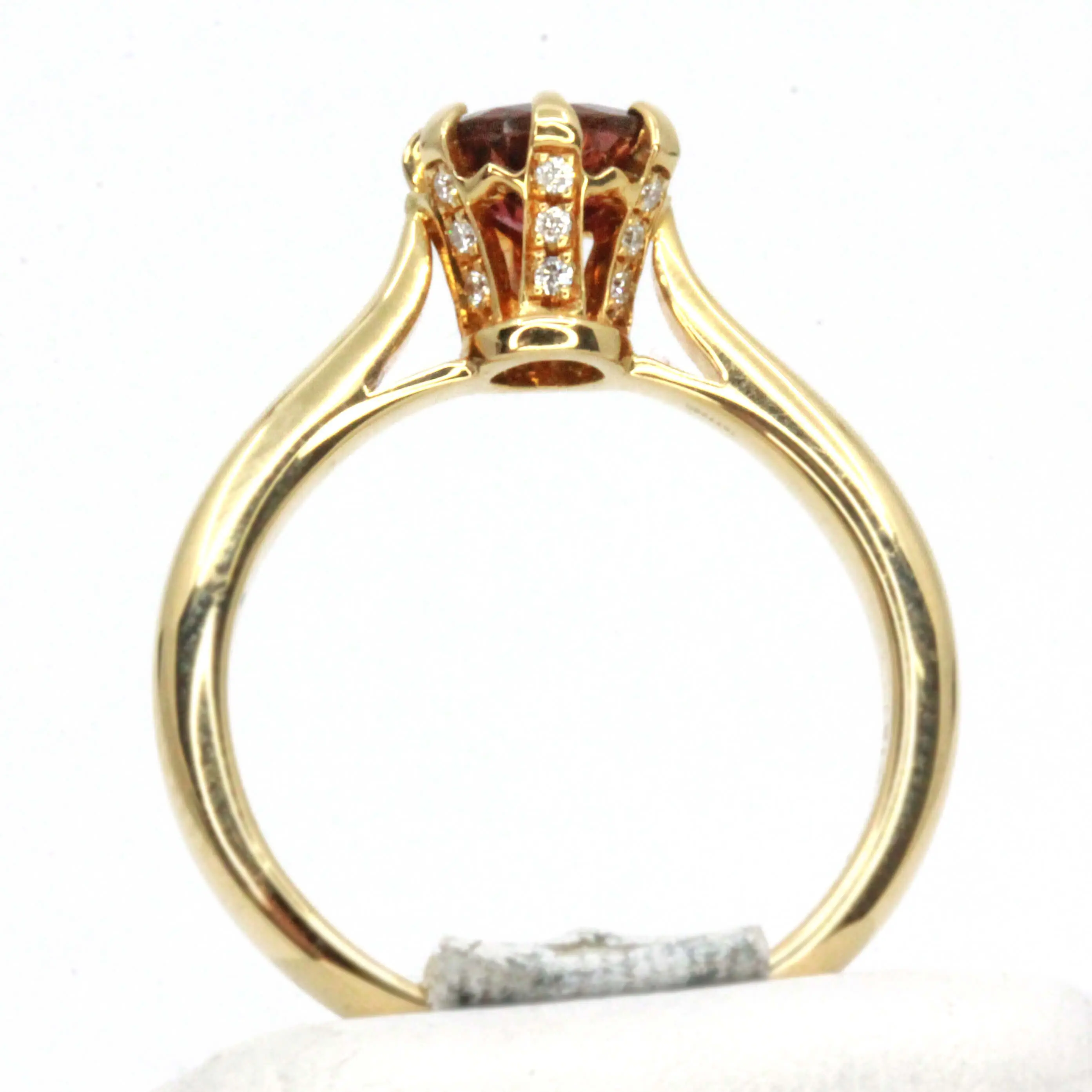 Round Cut Pink Tourmaline Ring with Accents of Diamonds Set in 18ct Yellow Gold