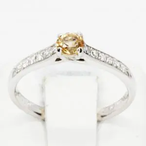 Round Cut Solitaire Gold Topaz Ring with Accents of Diamonds Set in 18ct White Gold