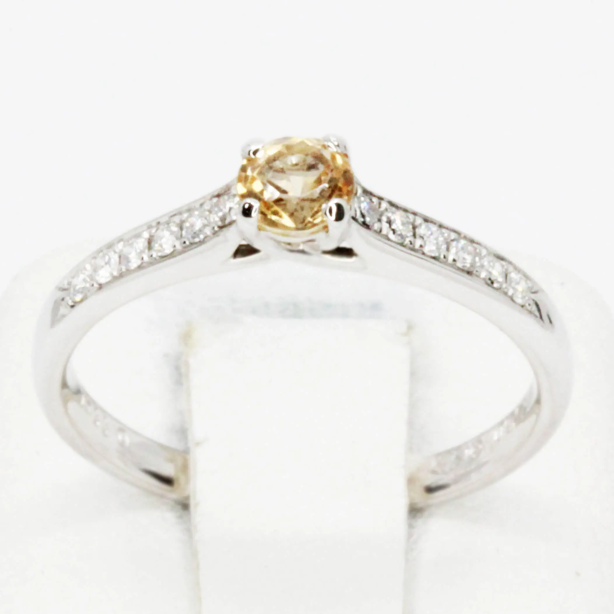 Round Cut Solitaire Gold Topaz Ring with Accents of Diamonds Set in 18ct White Gold
