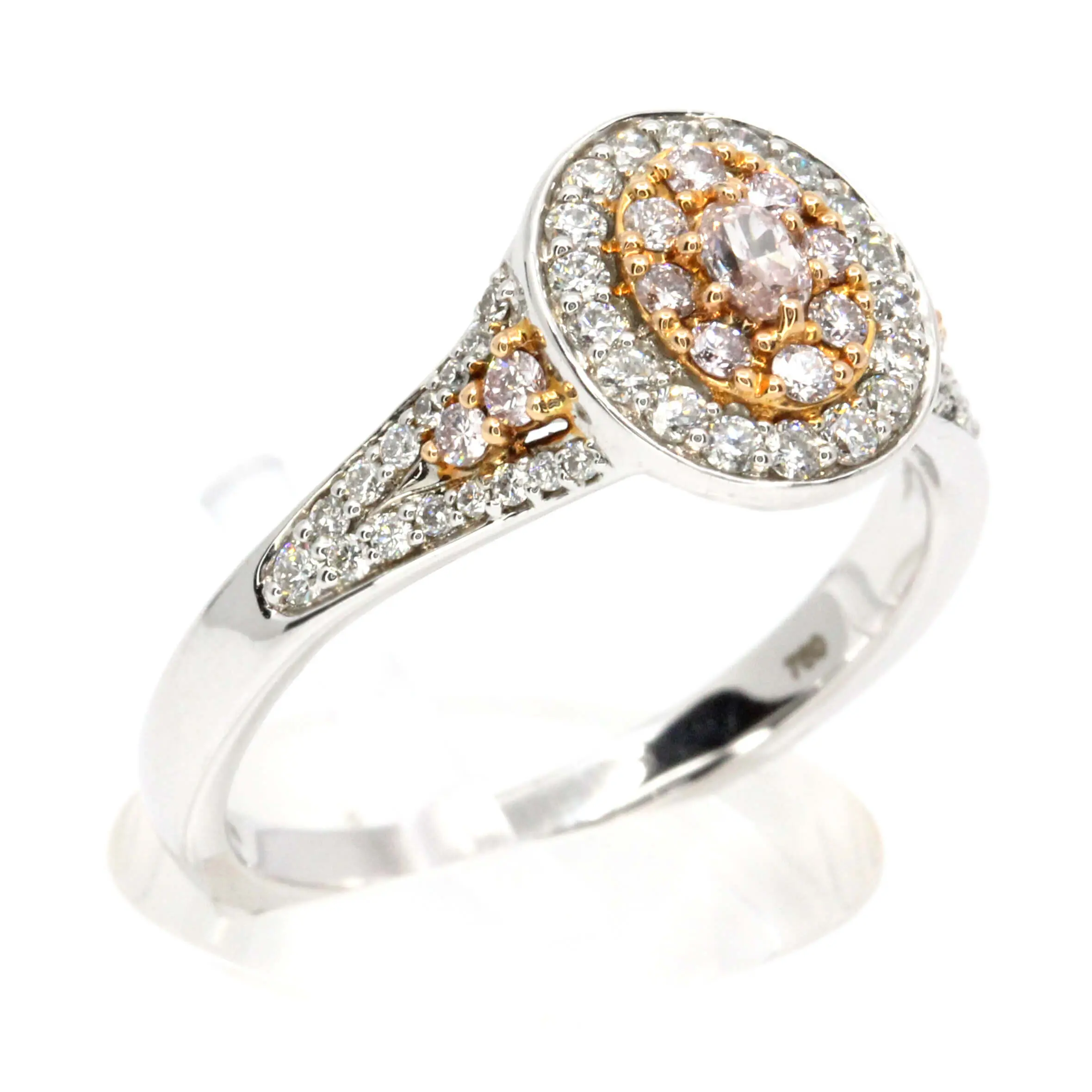 PDR015.3 Claw Set Faint Pink Diamonds Ring with Halo of Diamonds set in 18ct White Gold