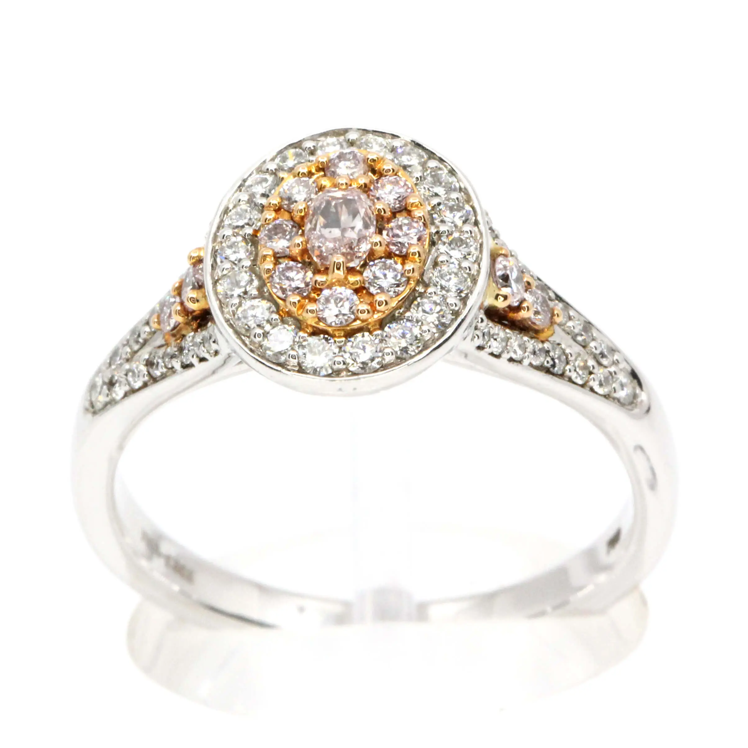 PDR015 Claw Set Faint Pink Diamonds Ring with Halo of Diamonds set in 18ct White Gold