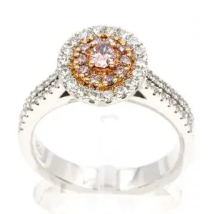 Claw Set Pink Diamonds with Halo of Diamonds set in 18ct White Gold