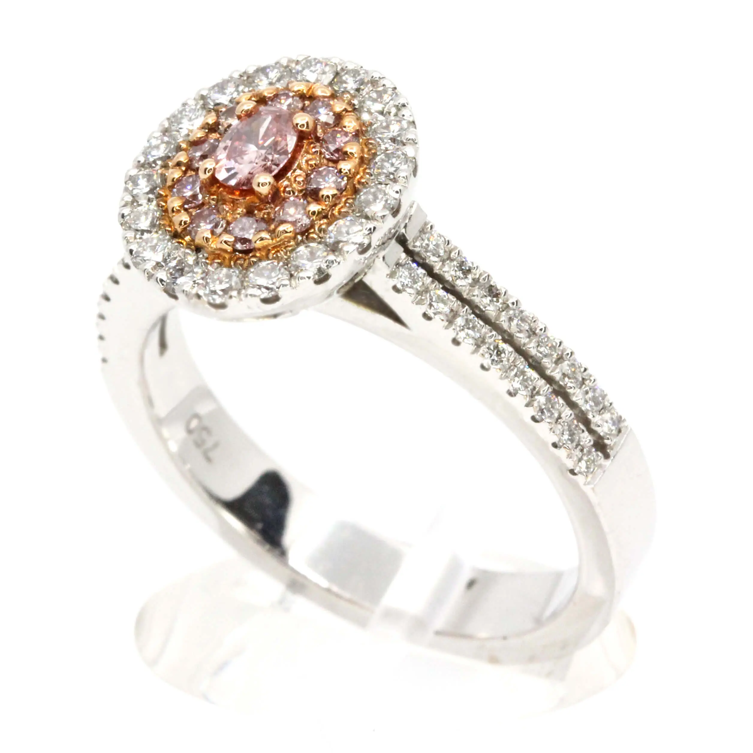 Claw Set Pink Diamonds with Halo of Diamonds set in 18ct White Gold