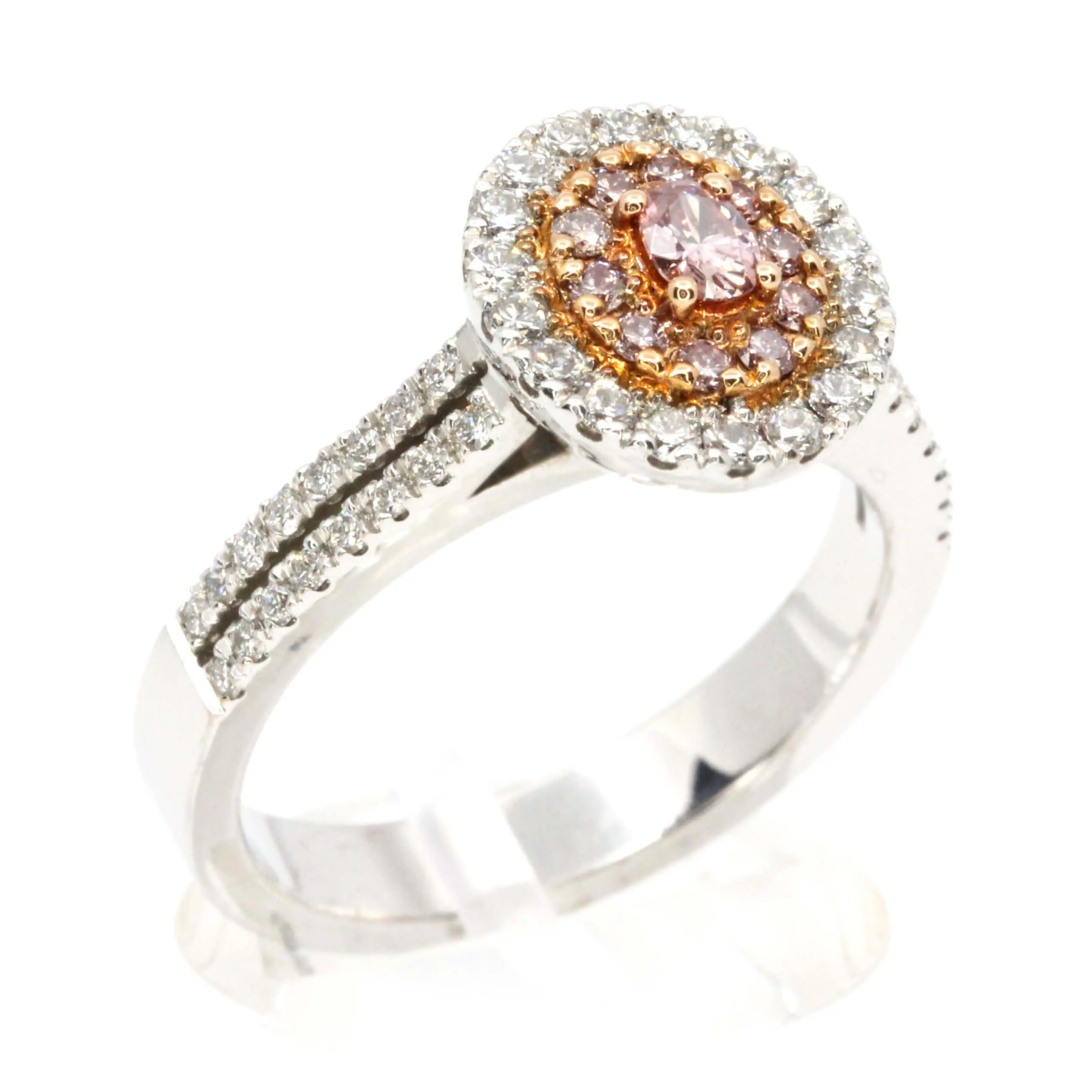 Claw Set Pink Diamonds with Halo of Diamonds set in 18ct White Gold
