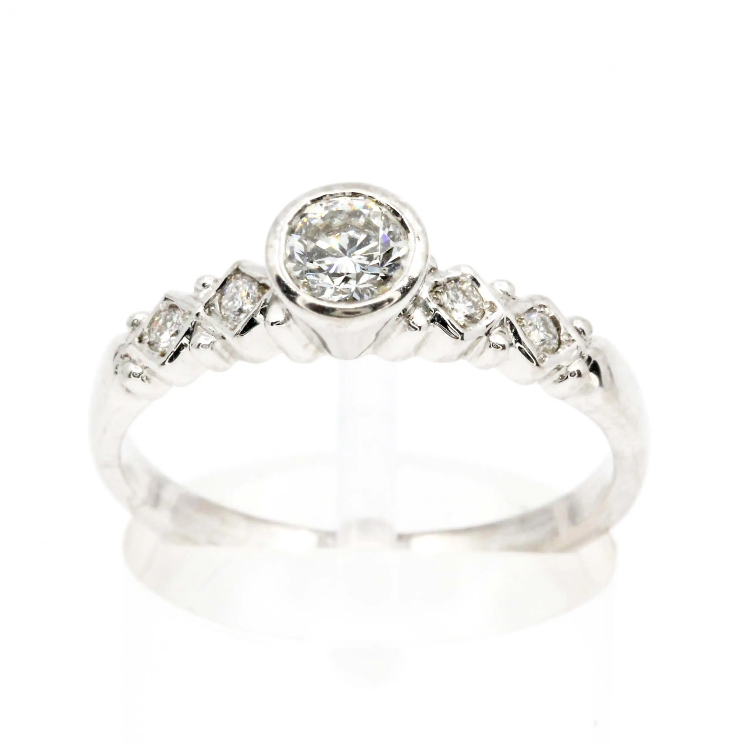 Round Brilliant Cut Diamond Ring with Bead Set Diamonds Accents set in 18ct White Gold
