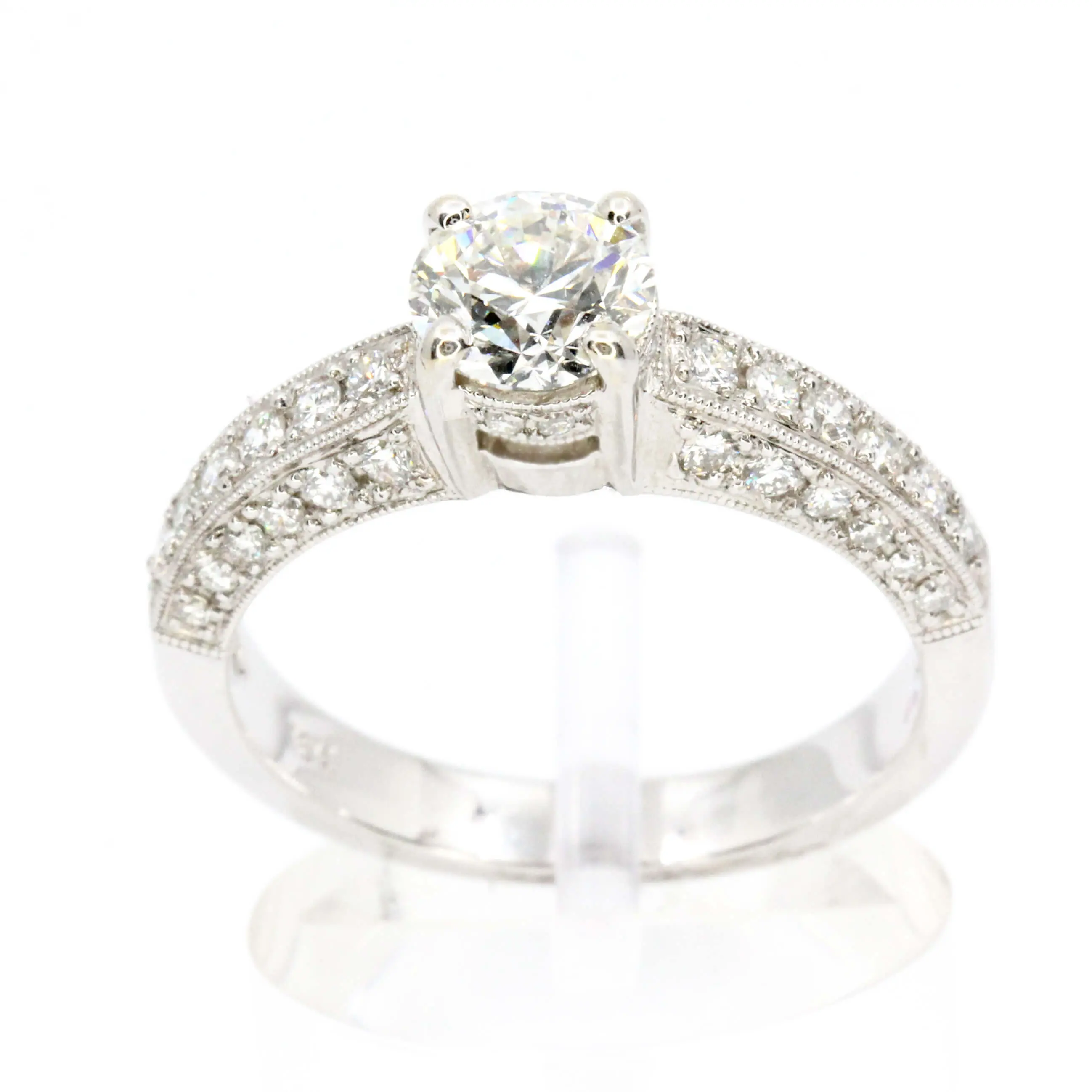 Round Brilliant Cut Diamond Ring with Bead Set Diamonds Accents set in 18ct White Gold