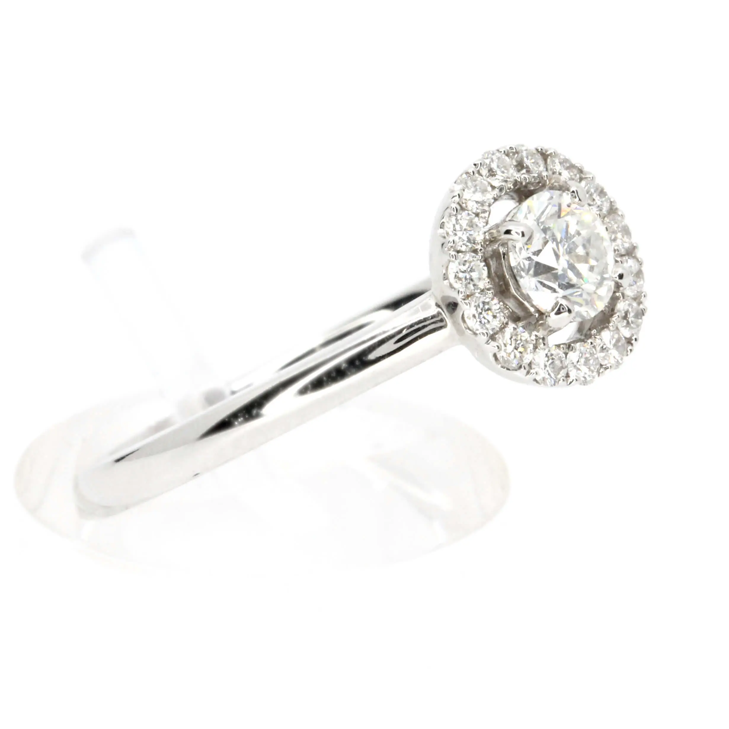 Round Brilliant Cut Diamond Ring with Halo of Diamonds set in 18ct White Gold