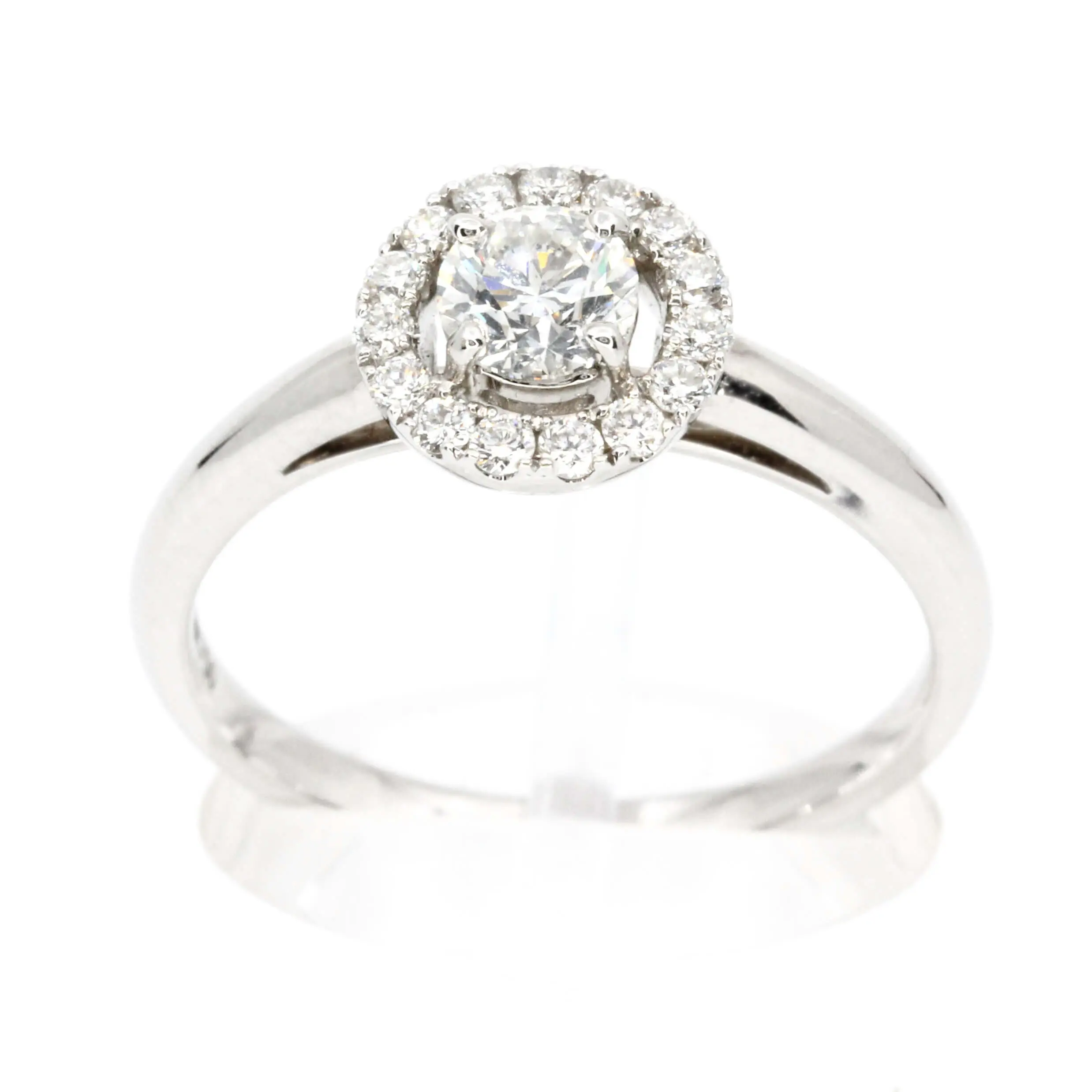 Round Brilliant Cut Diamond Ring with Halo of Diamonds set in 18ct White Gold