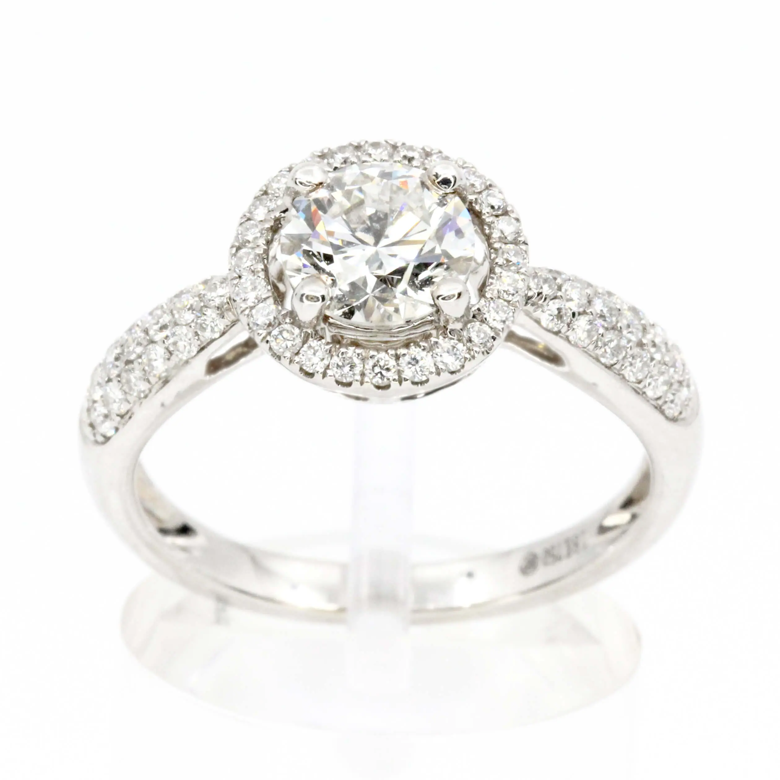 Round Brilliant Cut Diamond Ring with Halo of Diamonds set in 18ct White Gold