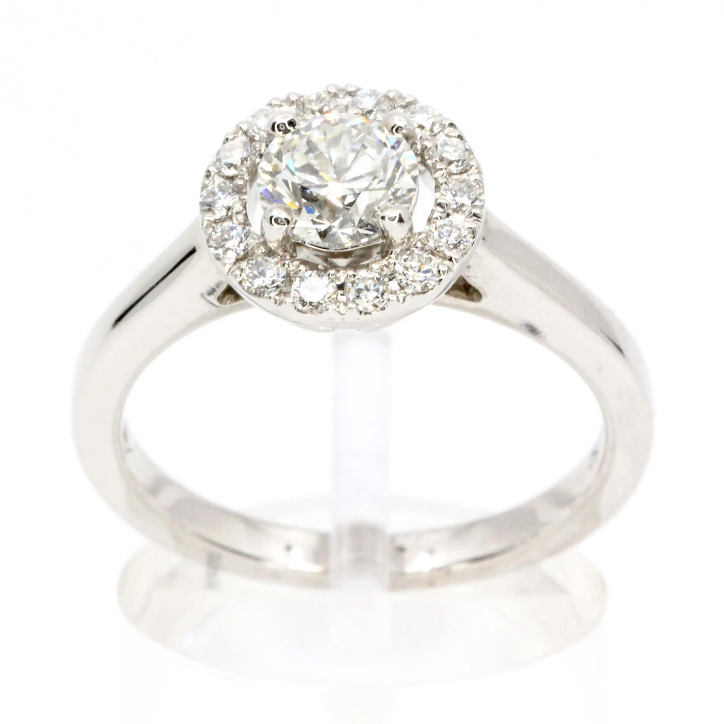 Round Brilliant Cut Diamond Ring with Halo of Diamonds set in 18ct White Gold