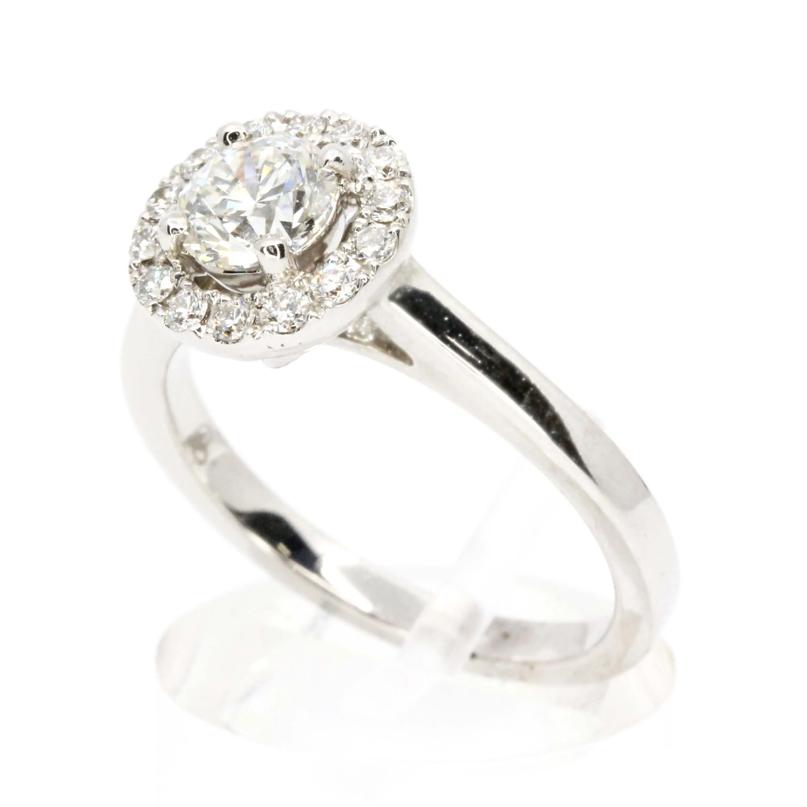 Round Brilliant Cut Diamond Ring with Halo of Diamonds set in 18ct White Gold