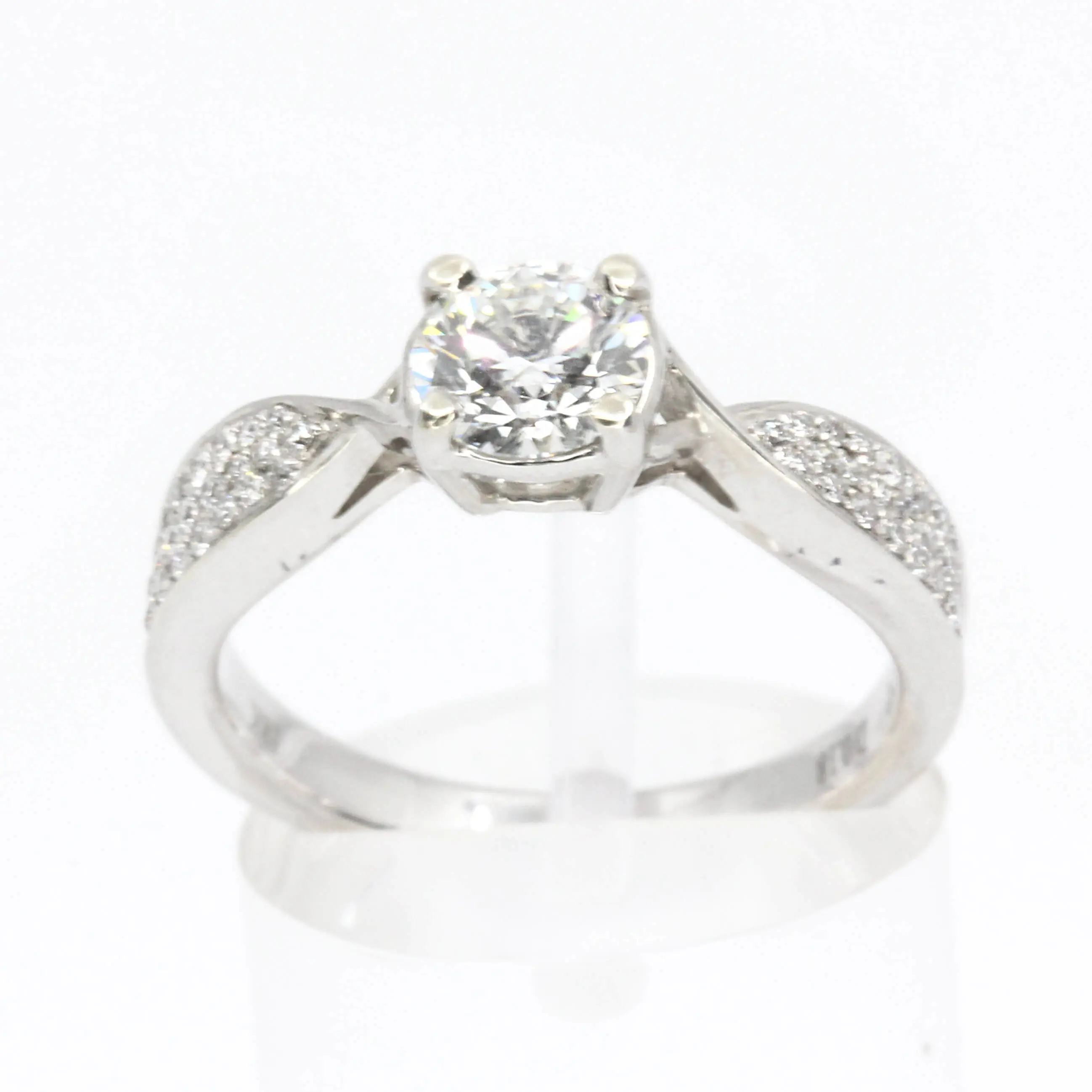 Round Brilliant Cut Diamond Ring with Bead Set Diamonds Accents set in 18ct White Gold