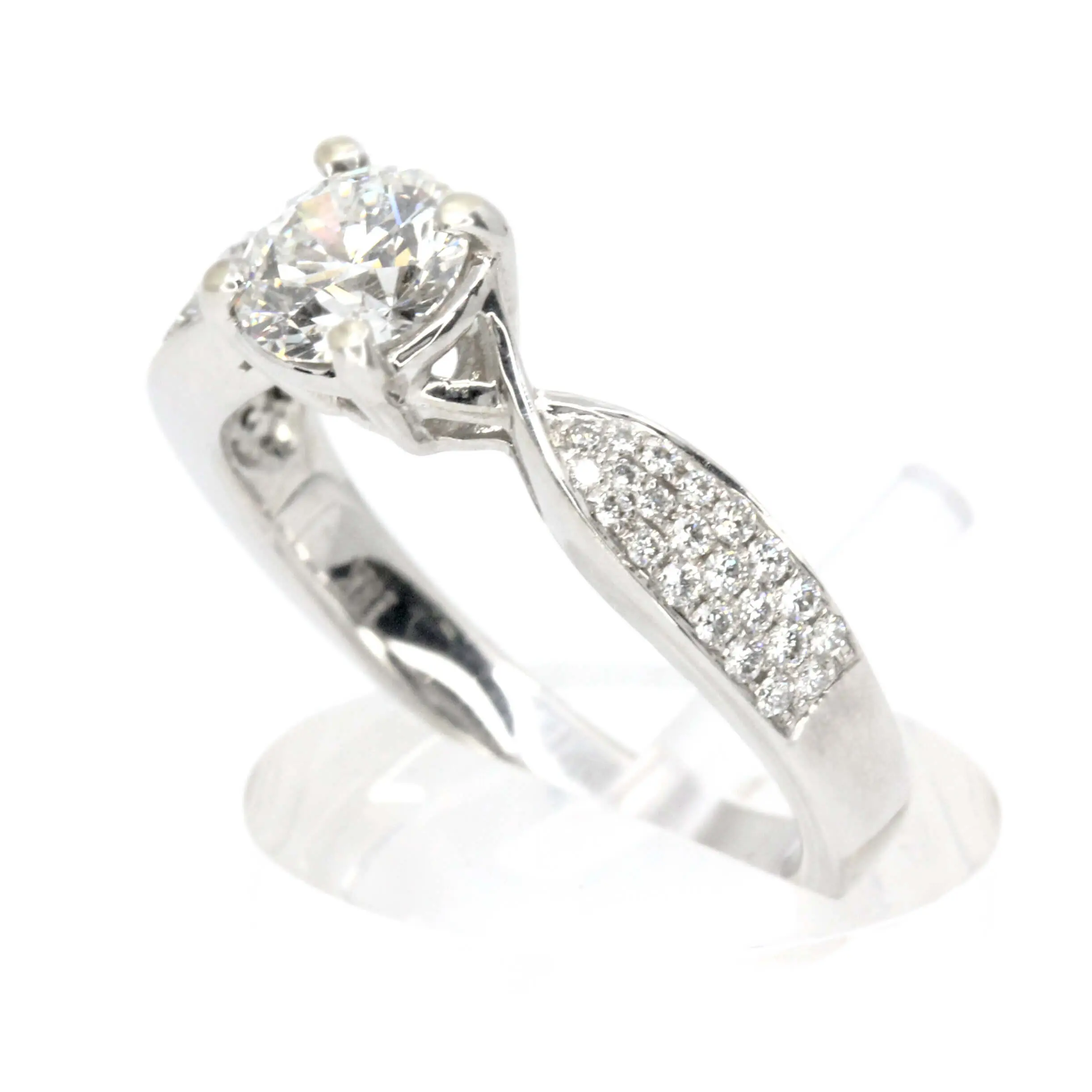 Round Brilliant Cut Diamond Ring with Bead Set Diamonds Accents set in 18ct White Gold