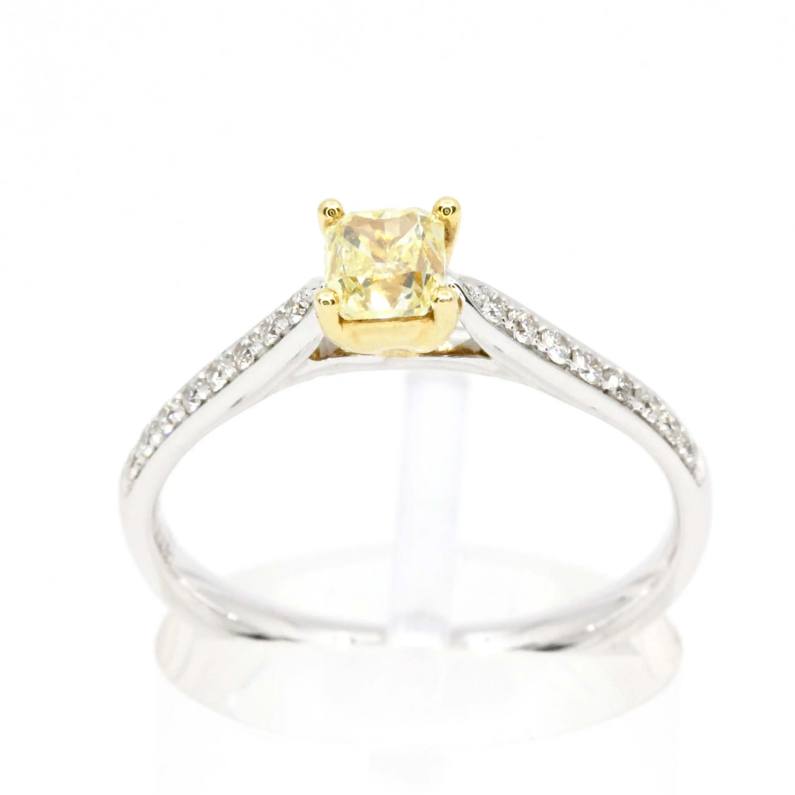 Princess Cut Yellow Diamond Ring with Bead Set Diamonds Accents set in 18ct White Gold