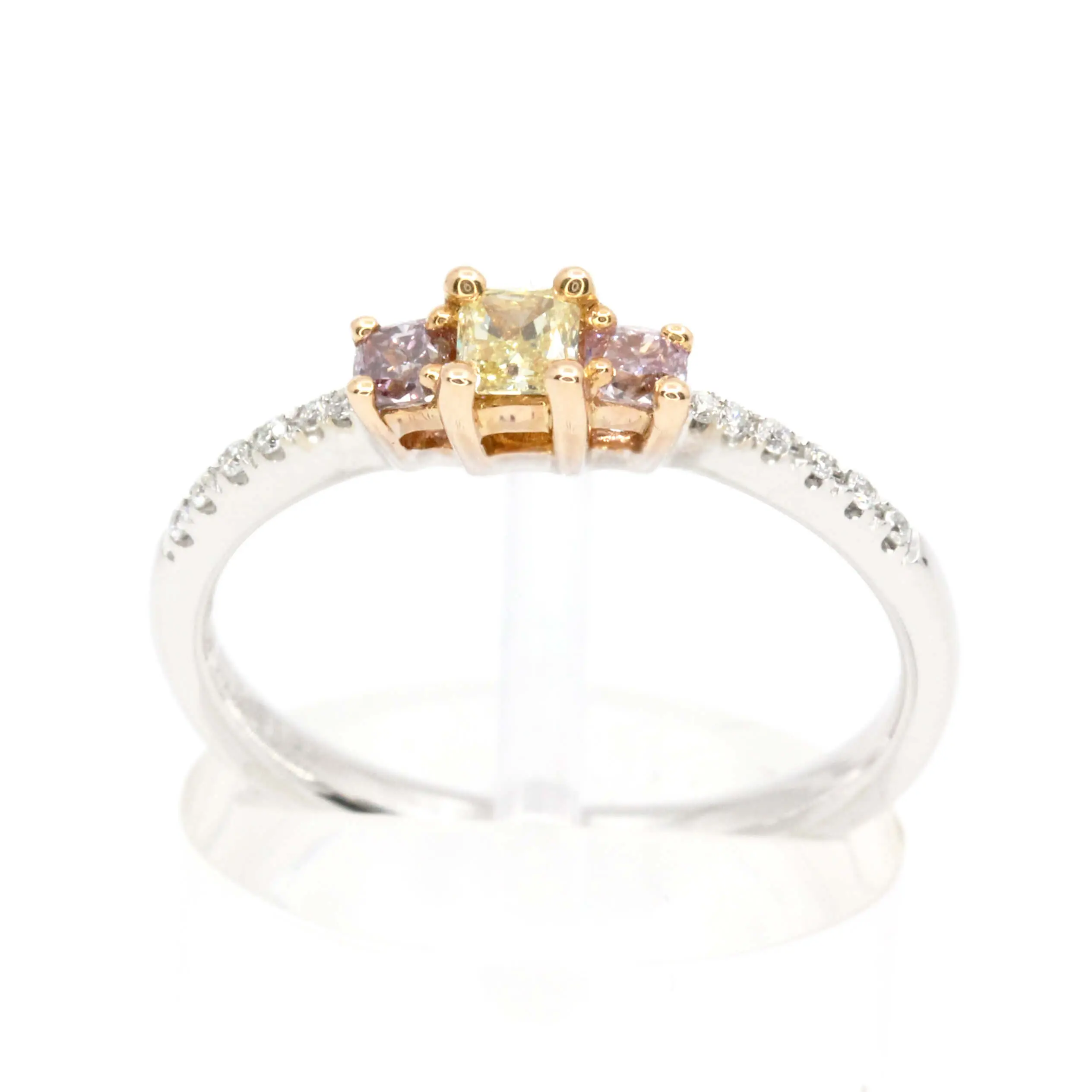 R2895WR-2 Princess Cut Diamonds Ring with Yellow & Pink Diamonds set in 18ct White Rose Gold