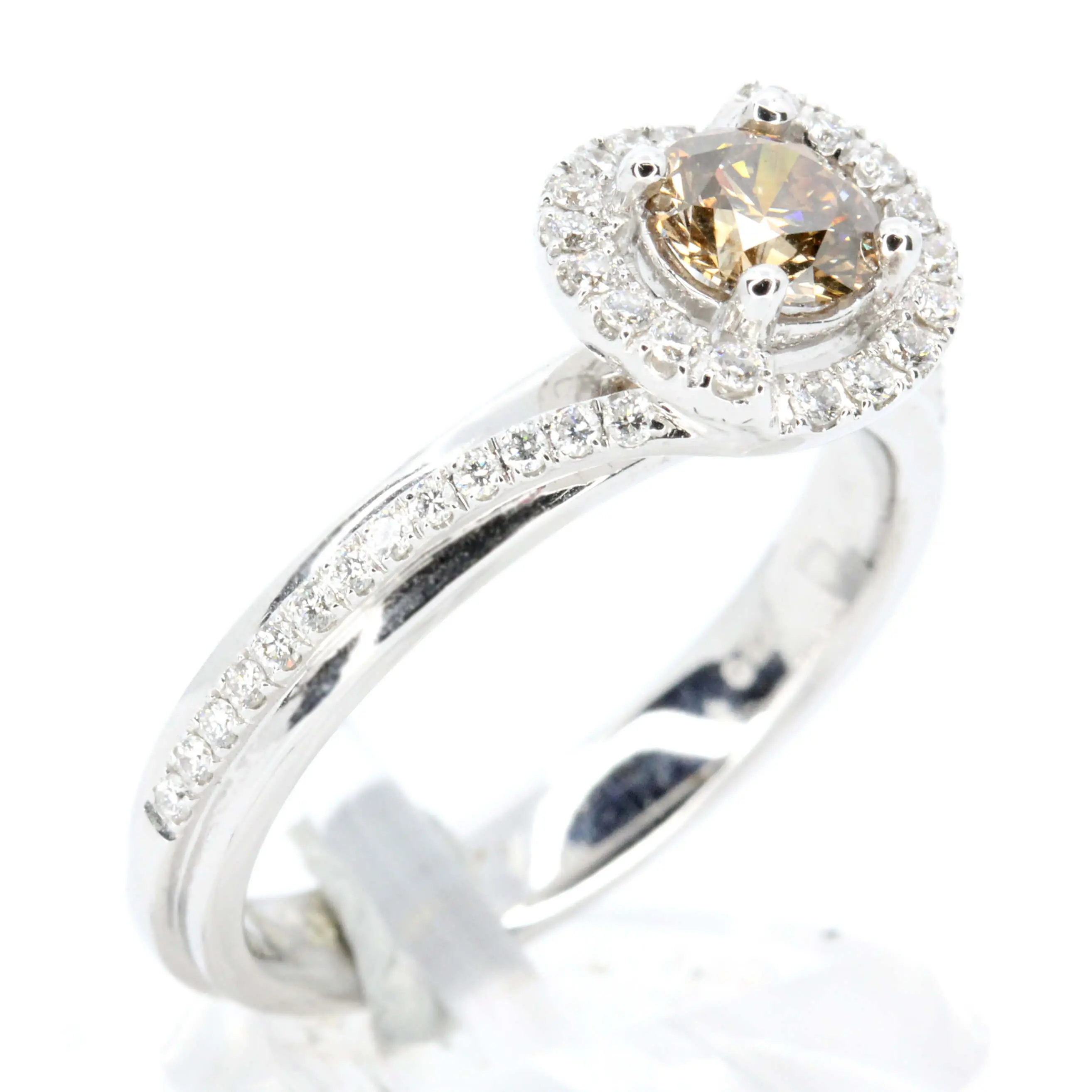 Round Brilliant Cut Chocolate Diamond Ring with Halo of Diamonds set in 18ct White Gold