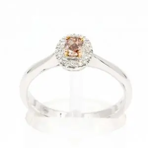 Oval Pink Rose Diamond Ring with Halo of Diamonds set in 18ct White Rose Gold