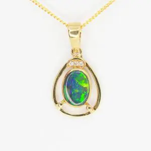18ct Yellow Gold Solid Black Opal and Diamond Pendant