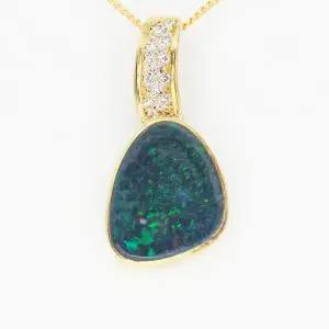18ct Yellow Gold Solid Black Opal and Diamond Pendant
