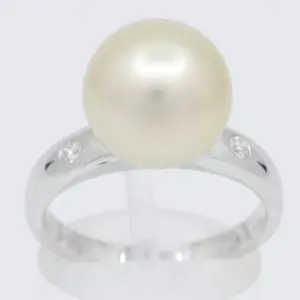 White Gold Golden South Sea Pearl Ring with Accent Diamonds