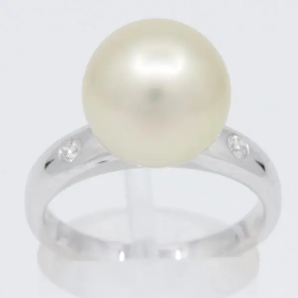 White Gold Golden South Sea Pearl Ring with Accent Diamonds