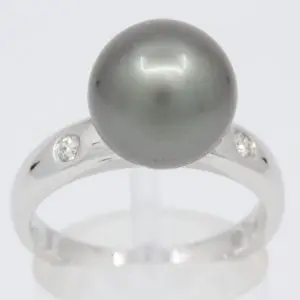 White Gold Tahitian Pearl Ring with Accent Diamonds