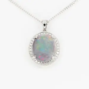 18ct White Gold Solid Black Opal and Diamond Pendant