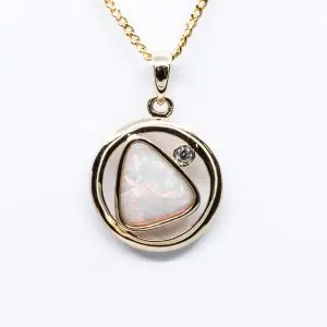 14ct Yellow Gold Solid Crystal Opal and Diamond Pendant