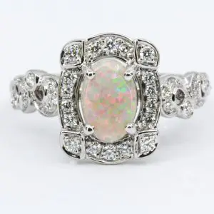 18ct White Gold Solid White Opal and Diamond Ring
